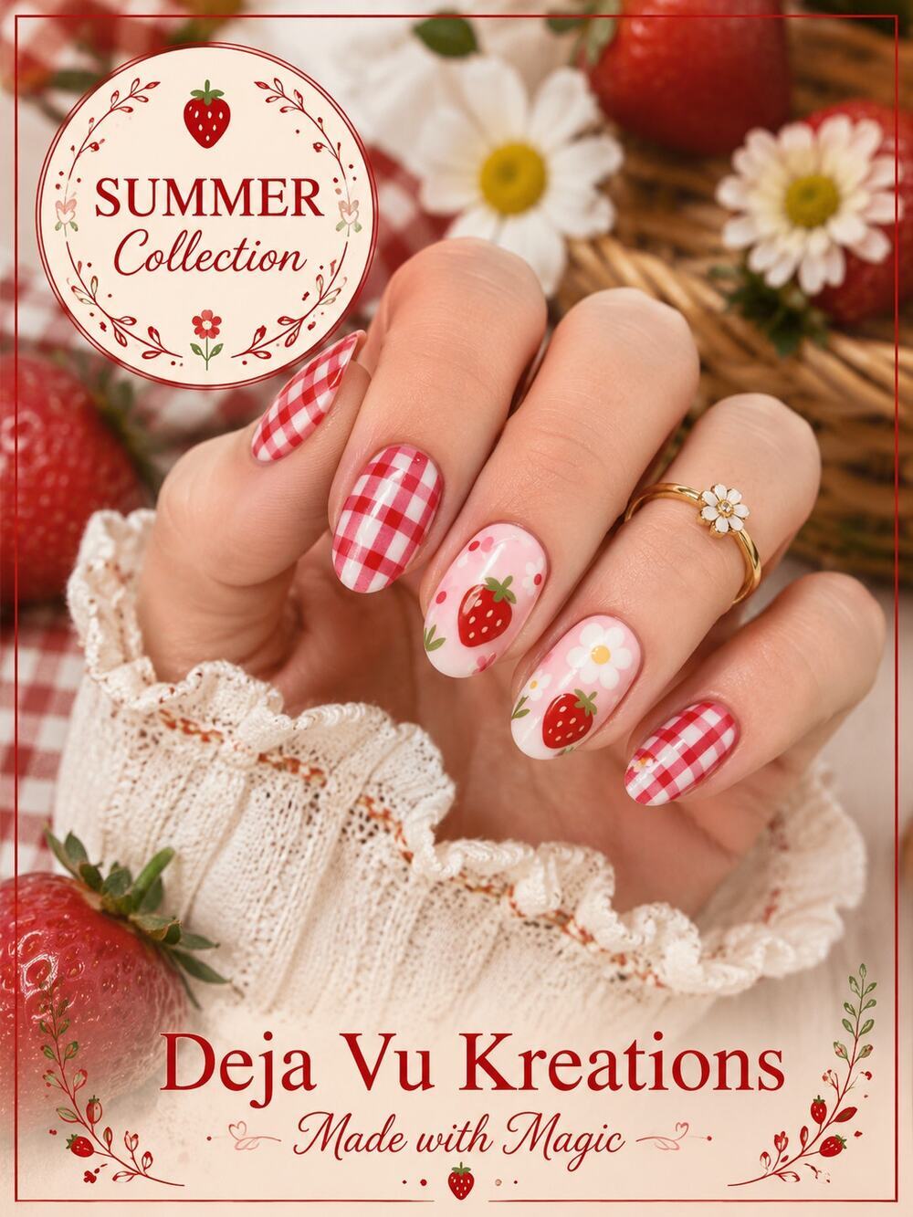 Strawberry Gingham Press On Nails Short Oval 24 Piece